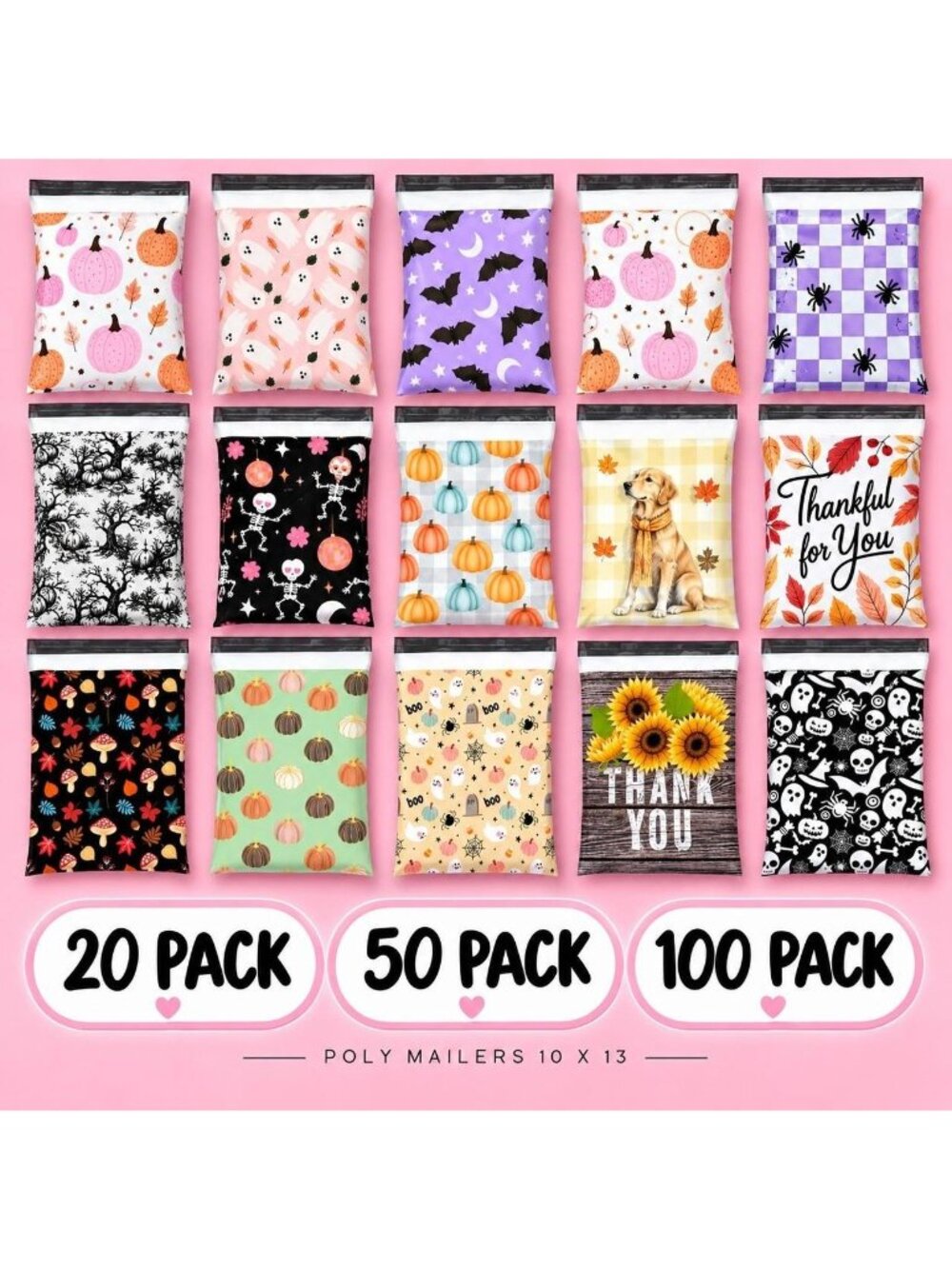 20 Ct Mixed Fall Halloween Poly Mailers 10x13